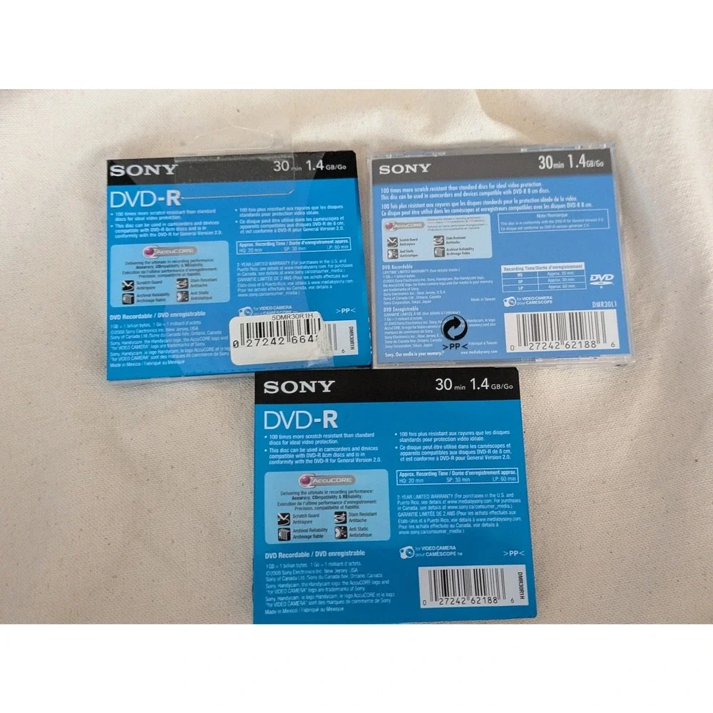 Lot of 3 Sony Handycam DVD-R 30min 1.4GB 8cm Recordable Discs AccuCORE New